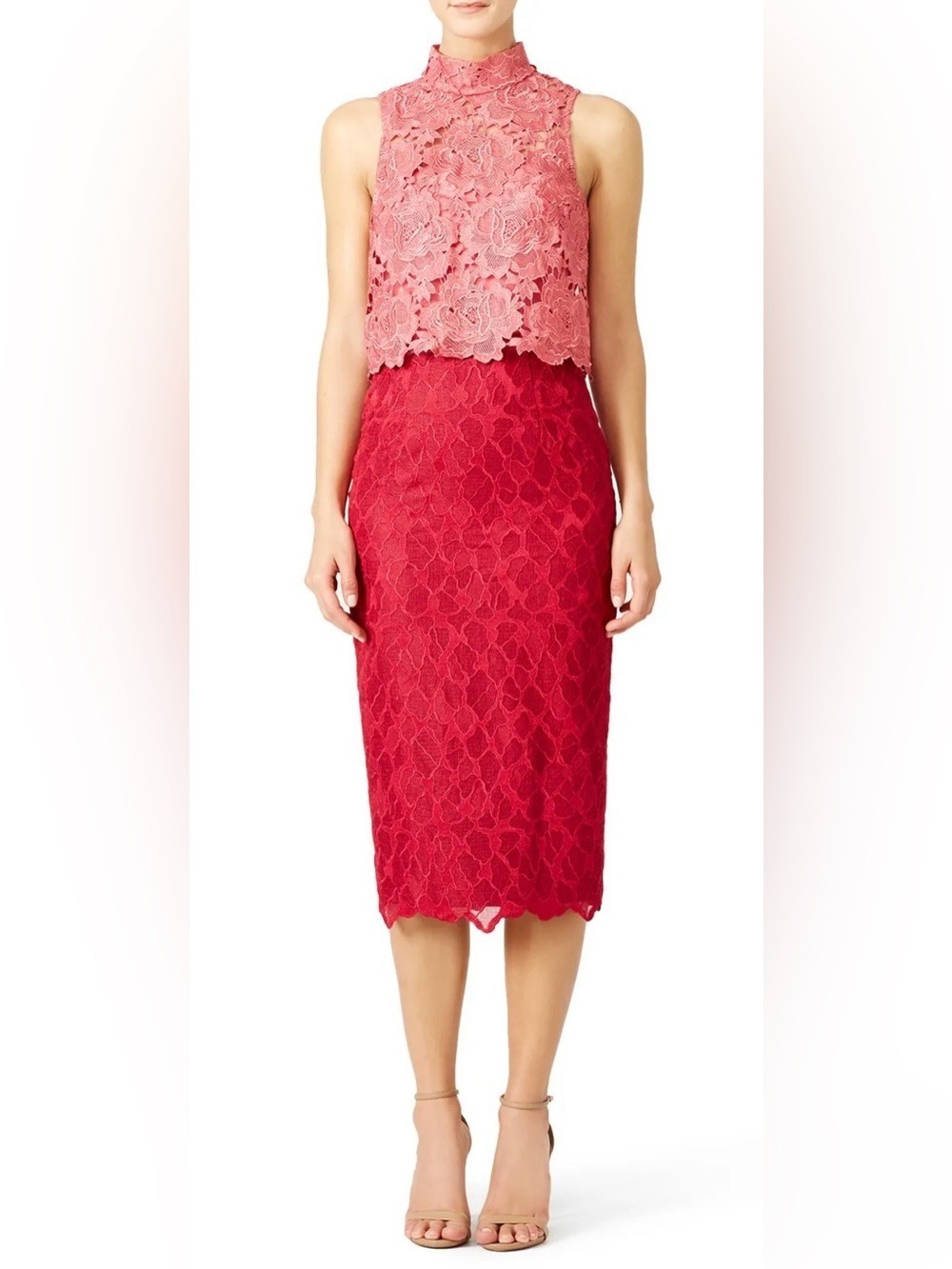 Monique Lhuillier Pink Red Colorblock High Neck Lace Midi Dress Size 0 - Picture 3 of 5